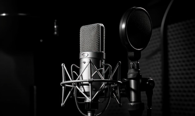 Un microfono in uno studio con un microfono sullo sfondo.