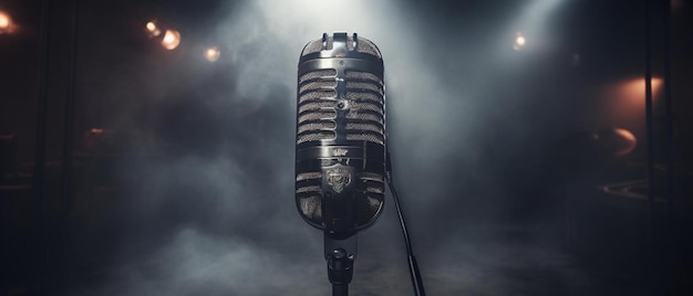un microfono vecchio stile su un palco con faretti