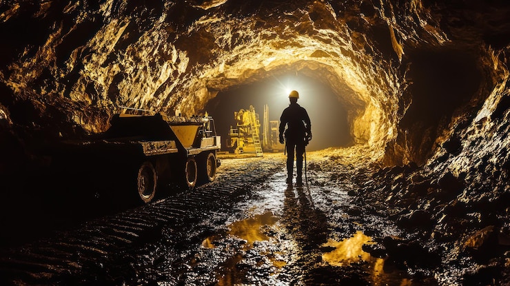 Foto un minatore solitario si trova nel cuore di una miniera illuminata dal debole bagliore di un proiettore mentre un potente camion minerario sta inattivo sullo sfondo