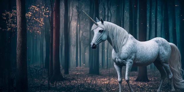 Un mistico unicorno in una foresta con stelle scintillanti IA generativa