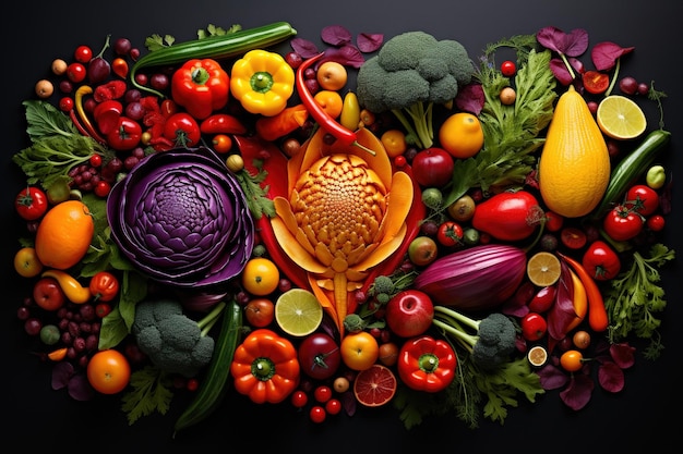 Un mix di vivaci frutta e verdura disposte artisticamente in una composizione colorata