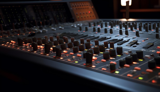 Un mixer in uno studio di registrazione con le parole musica sul fondo.