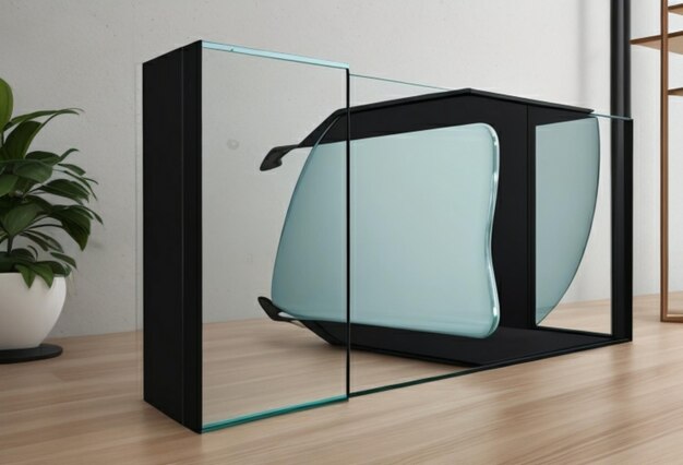 Un mockup astratto in vetro temperato distorto con una forma distorta unica