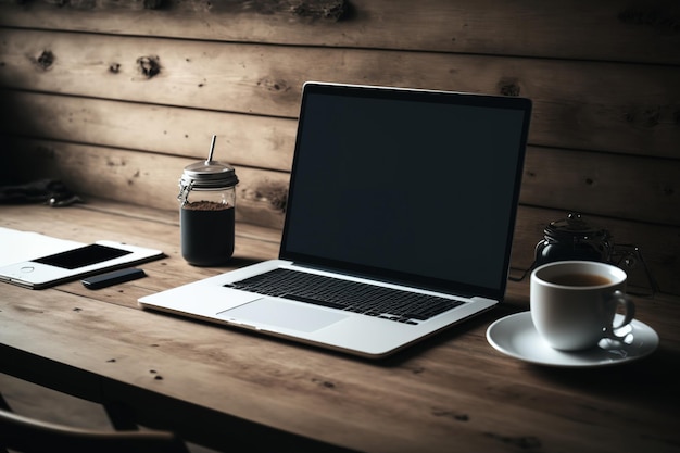 Un mockup di un laptop con uno schermo nero vuoto viene mostrato su un tavolo di legno su uno sfondo con una trama enorme