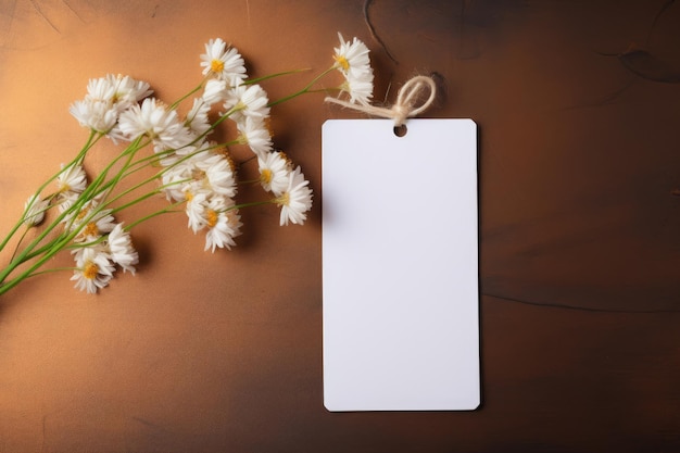 Un mockup di una carta bianca e un tag giace su un tavolo con fiori di primavera