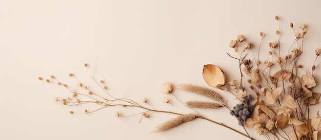 Un mockup piatto con fiori secchi e un ramo secco su uno sfondo beige visto da