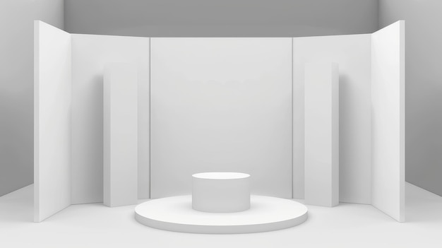 Un modello 3D dello stand bianco per la presentazione o l'evento Una moderna parete vuota promozionale in una sala di esposizione per la mostra con un tavolo o un podio Collezione di angolo di cubo commerciale vuoto per l'esposizione