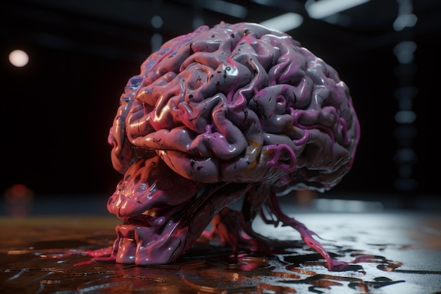 Un modello 3d di un cervello con vernice viola e uno sfondo nero.