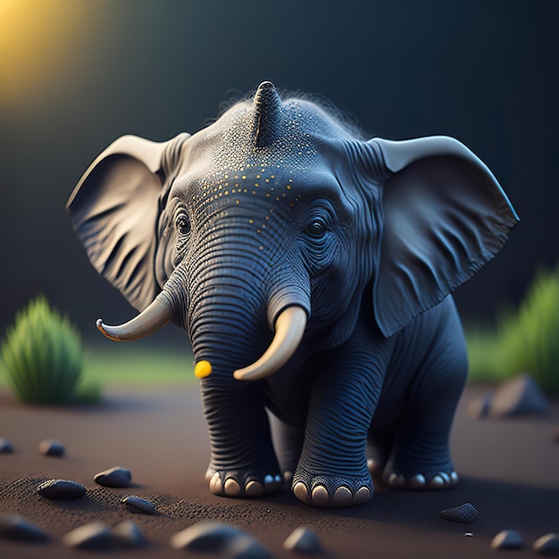 Un modello 3D di un elefante con uno sfondo blu.
