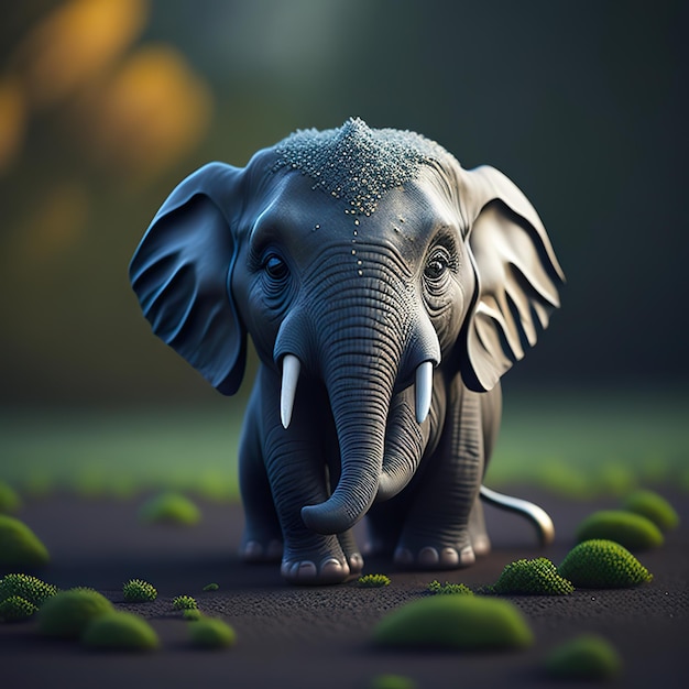 Un modello 3D di un elefante con zanne e uno sfondo verde.