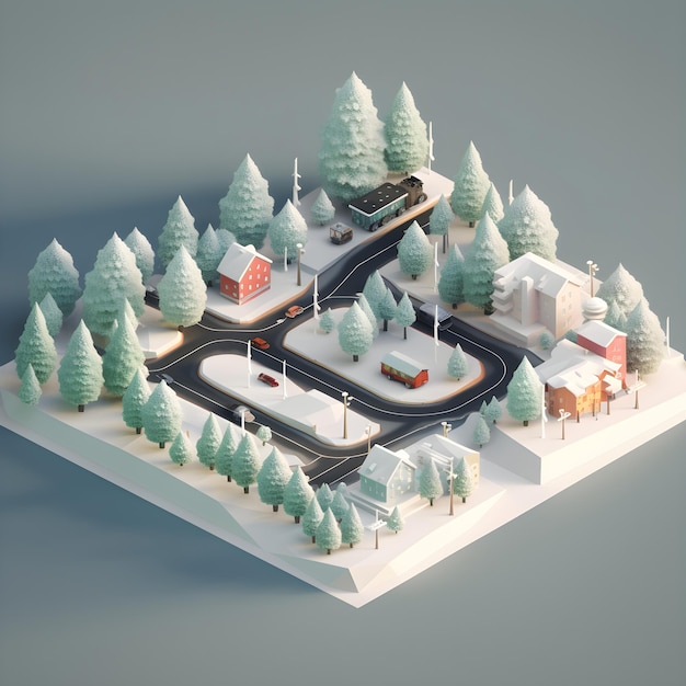 Un modello 3d di un paesaggio innevato con una strada e alberi.
