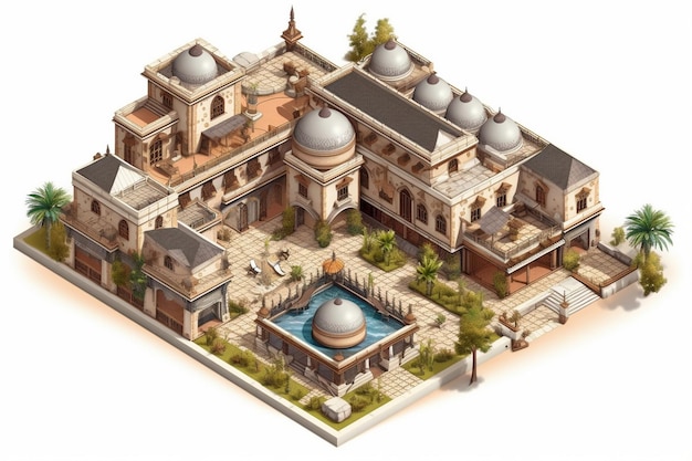 Un modello 3d di un palazzo con una fontana e una piscina al centro.