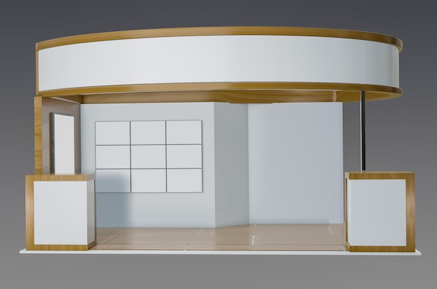 Un modello 3d di un palcoscenico rotondo bianco e oro con uno sfondo bianco e un'insegna bianca che dice "il nome dello spettacolo"