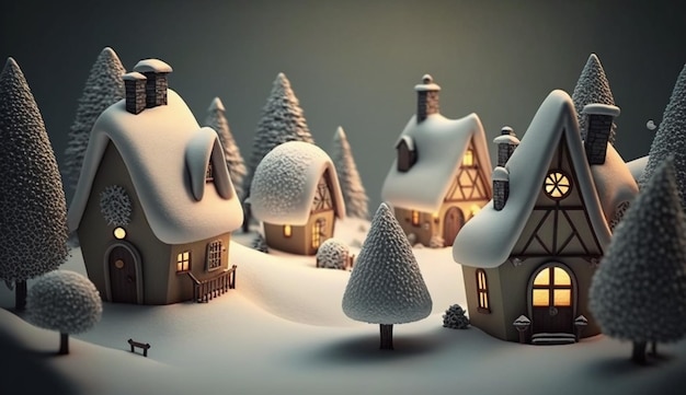 Un modello 3d di un villaggio innevato con un albero di natale sulla sinistra.