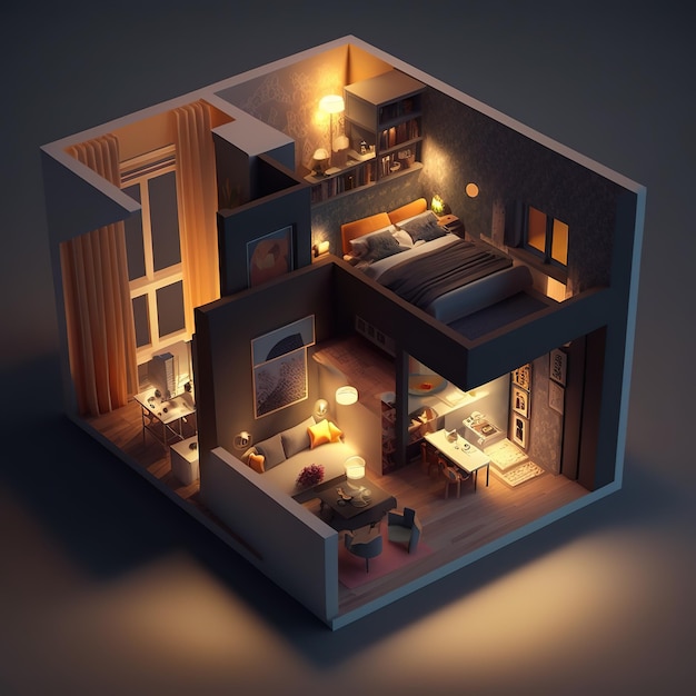 Un modello 3d di una casa con un letto, una scrivania e una lampada.