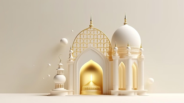 Un modello 3d di una moschea con una cupola dorata e uno sfondo bianco.