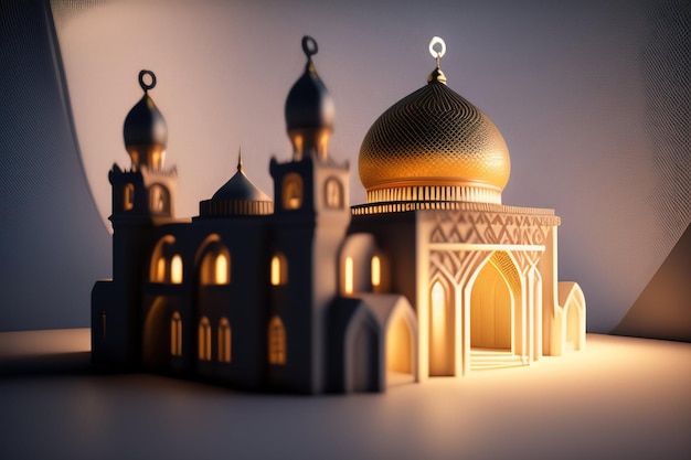Un modello 3d di una moschea con una cupola e la cupola illuminata.