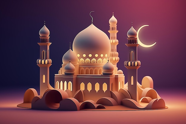 Un modello 3d di una moschea con una falce di luna e una falce di luna.