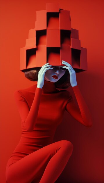 Un modello alla moda della giovane donna in vestito rosso sul ritratto artistico del fondo rosso