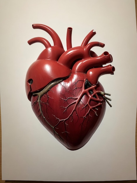 Un modello anatomico di cuore umano su sfondo nero Il sistema sanguigno è illustrato insieme a vei