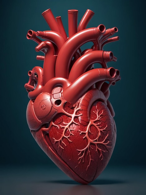 Un modello anatomico di cuore umano su sfondo nero Il sistema sanguigno è illustrato insieme a vei
