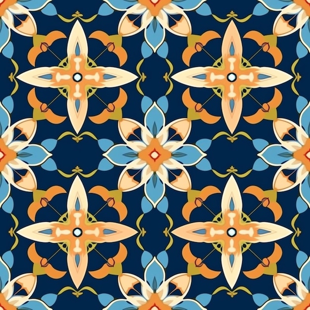 Un modello astratto blu e arancione con un disegno floreale ai generativo
