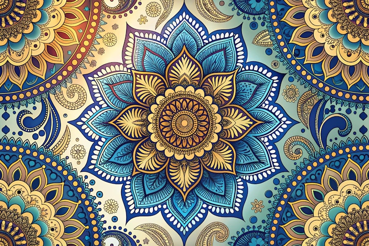 Foto un modello colorato di un ornamento floreale è mostrato in un colore blu e oro
