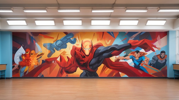 Un modello da muro della palestra di una scuola con un murale che raffigura gli insegnanti come supereroi Carta da parati per la giornata degli insegnanti