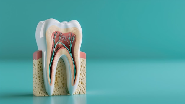 Un modello dettagliato di un dente molare umano che mostra la struttura interna su uno sfondo turchese