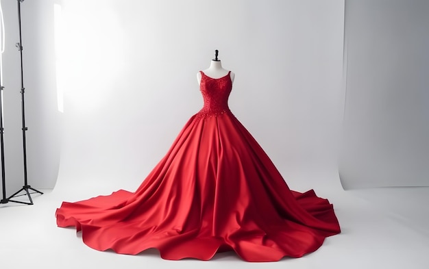 Un modello di abito da sposa rosso con un lungo strascico