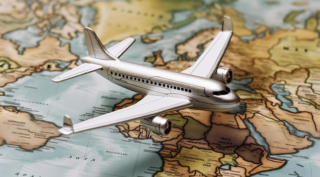 Un modello di aereo sta volando su una mappa del mondo.
