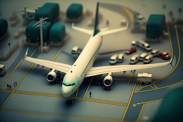 Un modello di aeroplano si trova su una pista con molte macchine e un edificio sullo sfondo.