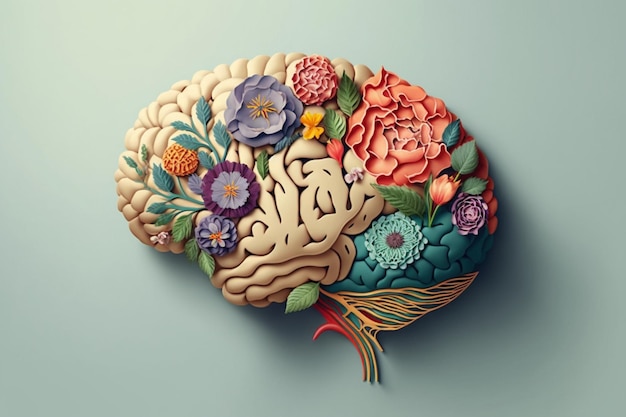 Un modello di cervello umano con fiori sopra.