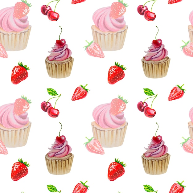 Un modello di cupcakes ciliegie e fragole Delizioso collage Acquerello illustrazione Dolci