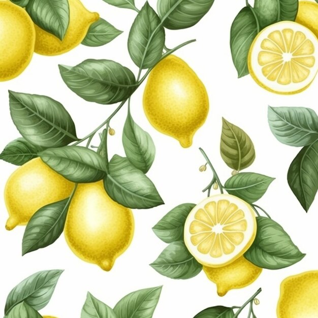un modello di limoni con foglie e fette su uno sfondo bianco generativo ai