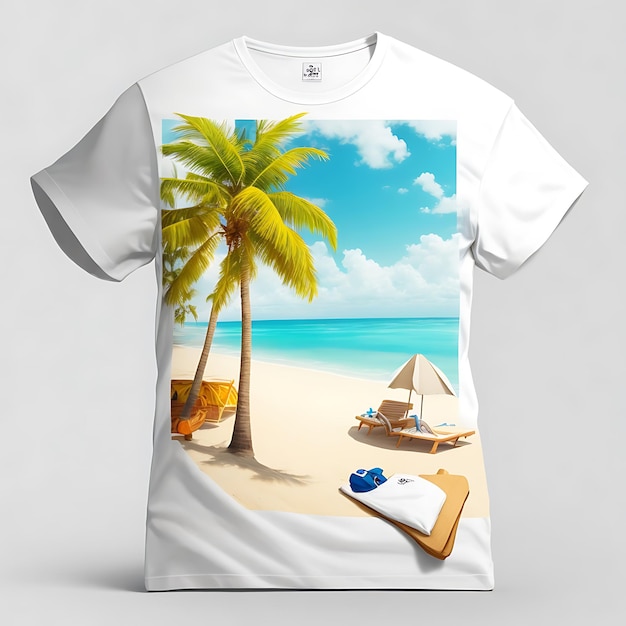 un modello di maglietta bianca con un tema di vacanze estive che incorpora scene di spiaggia e palme