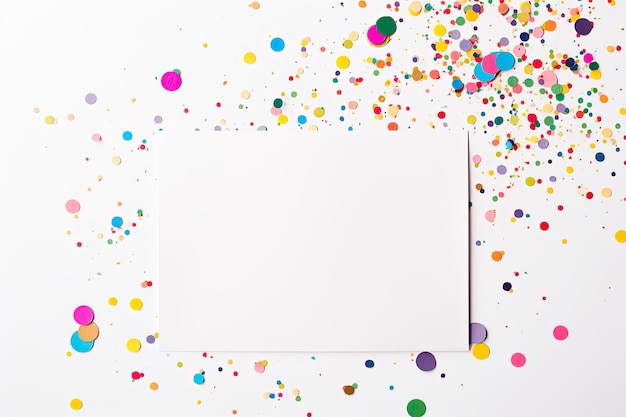 un modello di nota vuoto su sfondo bianco circondato da confetti colorati