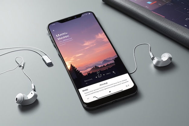un modello di paesaggio per un'app di streaming musicale che dimostra uno smartphone con una playlist personalizzata sullo schermo