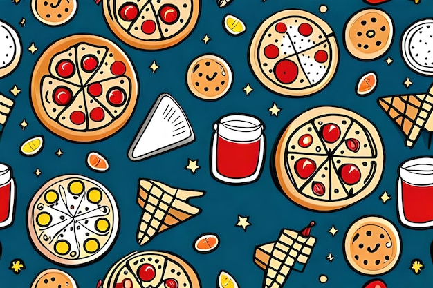Un modello di pizze e bevande con sopra le parole pizza.