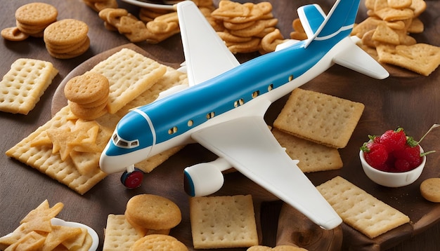 un modello di un aereo blu e bianco e alcuni biscotti