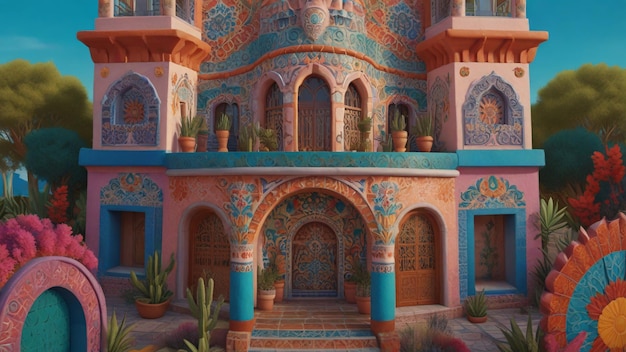 un modello di un edificio con un design blu e rosa