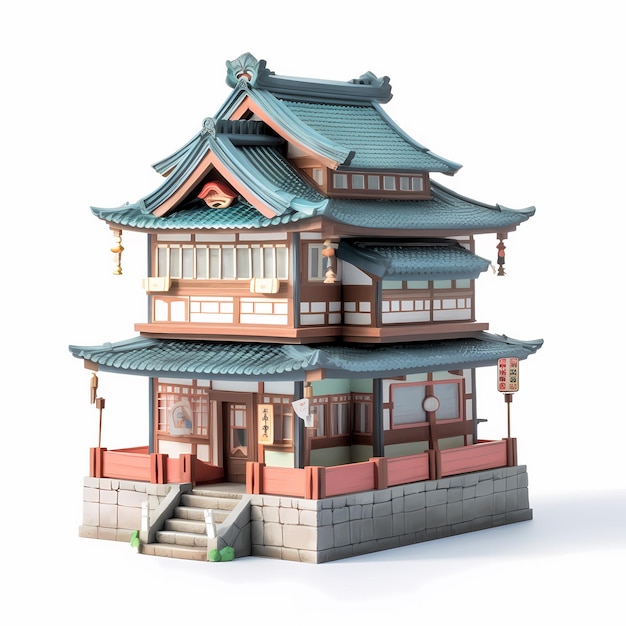 Un modello di un edificio giapponese con una pagoda sul tetto.