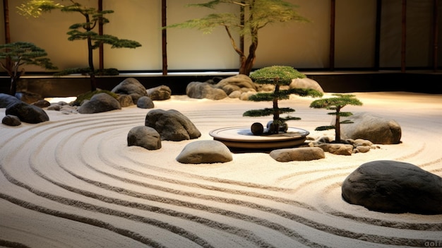 un modello di un giardino giapponese con rocce e alberi.