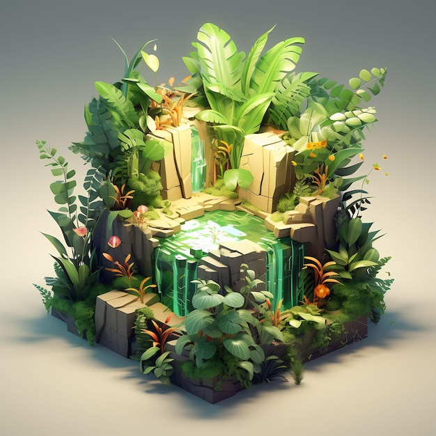 un modello di un'isola tropicale con piante tropicali e una scatola con una scatoletta con una pianta tropicale su di essa.