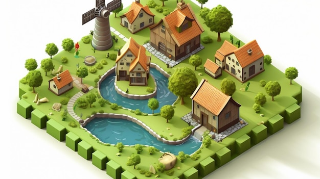 un modello di un modello di una casa con uno stagno e una casa.