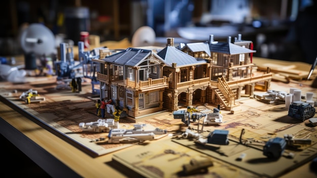 un modello di un modello in legno di una casa con una casa sul davanti.