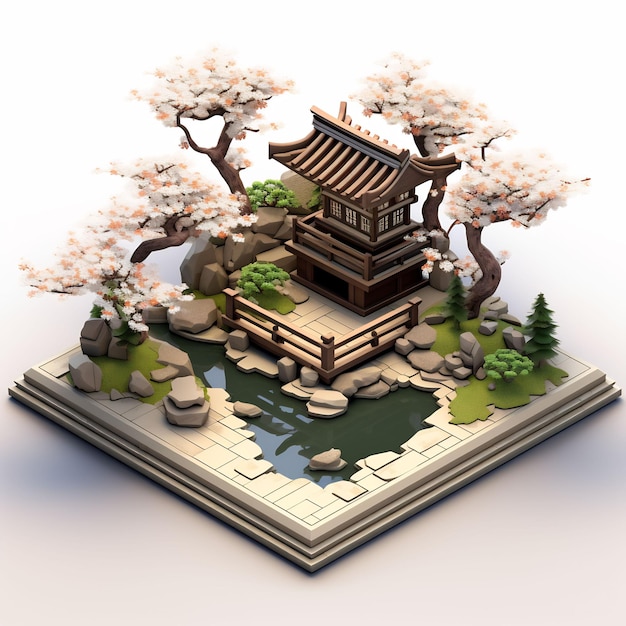 un modello di un santuario giapponese con un albero sullo sfondo.
