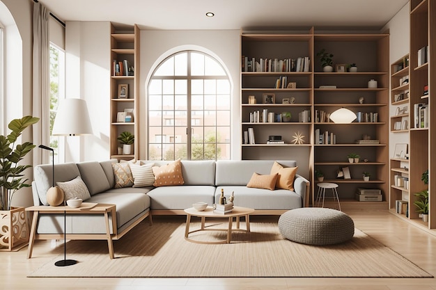 un modello di un soggiorno con una grande libreria e un angolo di lettura
