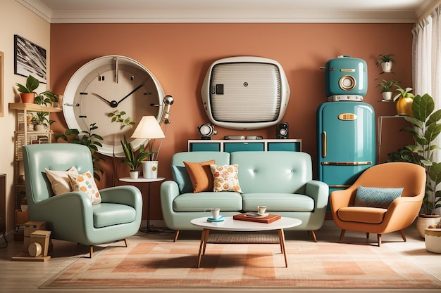 un modello di un soggiorno d'ispirazione vintage con elettrodomestici retro e decorazioni