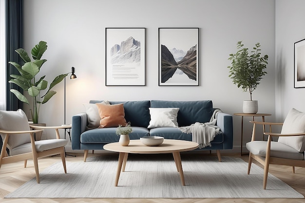 Un modello di un soggiorno in stile scandinavo con un'attenzione al minimalismo
